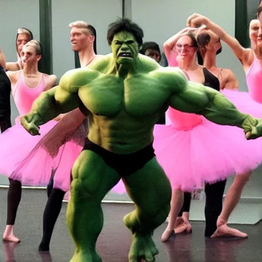 Image similar to hulk dances ballet and wears a pink tutu