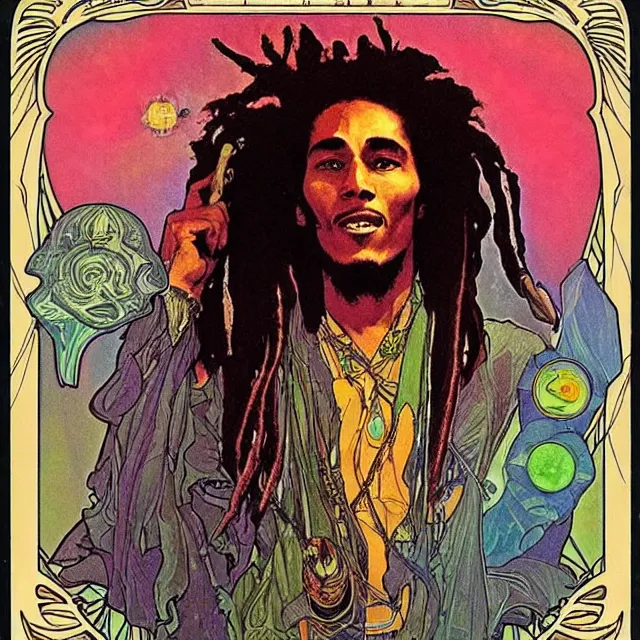 Image similar to polaroid of a vintage record cover by Franklin Booth showing a portrait of Bob Marley as a futuristic space shaman, Alphonse Mucha background, psychedelic art, star map, smoke, sciFi