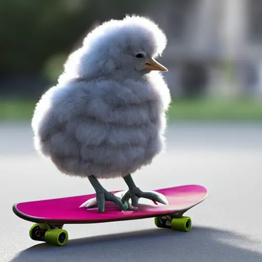 Image similar to fluffy chick on a skateboard, photorealistic