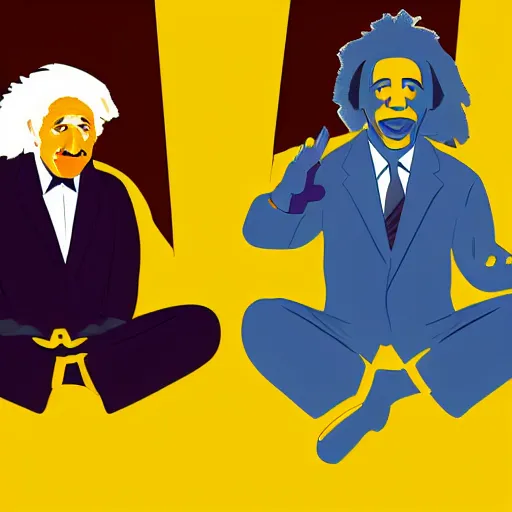 Image similar to Einstein and Obama doing meditation at McDonalds, ultra detailed, photorealistic, dramatic lighting