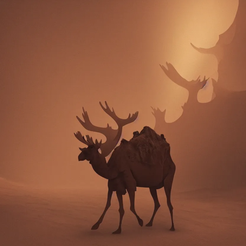 Prompt: an otherworldly camel moose, walking in an extraterrestrial desert. pulp sci - fi art. soft lighting. muted colors. dark background