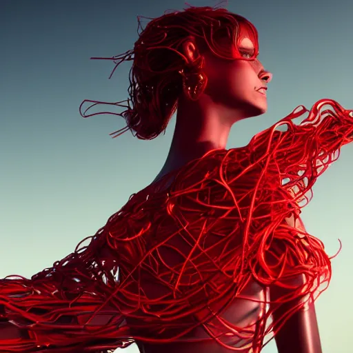 Image similar to a highly detalied digital image of a beautiful futuristic woman elegantly tangled in fiery red threads, by Andrew Chiampo, artstation, and Frederik Heyman, extremely detailed woman, stunning volumetric lighting, hyper realism, fantasy 4k, 8k