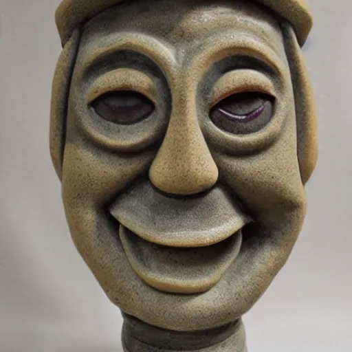 Prompt: anthropomorphic moon sculpture, man in the moon, ceramic, smiling moon, photograph, fine art, glazed ceramic, kitsch,