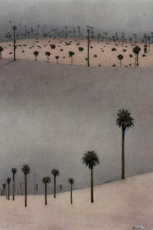 Image similar to southern california palm trees! empty parking lot painted by beksinski