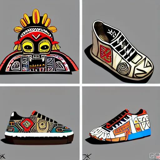 Image similar to sneaker design concept art, aztec mayan street fashion native punk sneaker design, majora's mask, wearing wooden mask, hip hop sneaker design with subtle mayan patterns, gapmoe yandere grimdark, trending on pixiv fanbox, painted by greg rutkowski makoto shinkai takashi takeuchi studio ghibli, akihiko yoshida