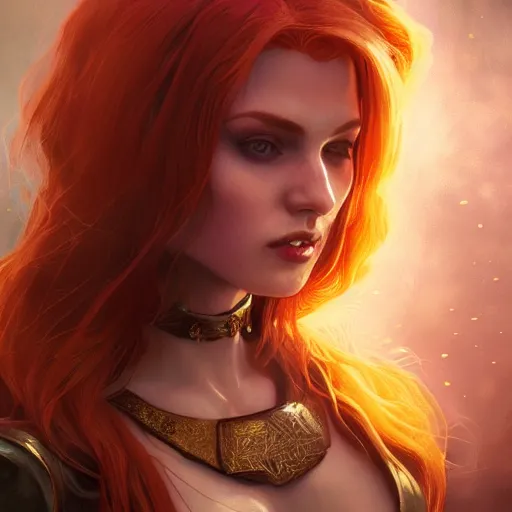 Prompt: redhead vampire sorceress, perfect face, gold shirt, cinematic, stunning, highly detailed, digital painting, artstation, smooth, hard focus, illustration, art by artgerm and greg rutkowski and alphonse mucha, volumetric lighting, octane render, 4 k resolution, trending on artstation, masterpiece