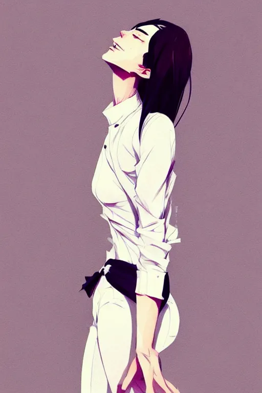 Image similar to a ultradetailed full body portrait of a woman dressed in a white shirt with a tie, by conrad roset, greg rutkowski and makoto shinkai trending on artstation