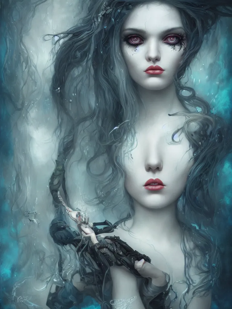 Image similar to a seapunk portrait of a nymph with shadowy eyes and bonewhite hair, with black glossy lips, hyperrealistic, award-winning, masterpiece, in the style of Tom Bagshaw, Cedric Peyravernay, Peter Mohrbacher