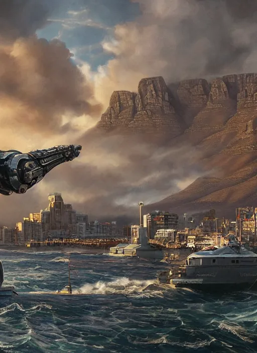 Image similar to hyper realistic robot attacking cape town city harbor beautiful details, strong composition, poster painted by weta studio rutkowski, james gurney and greg rutkowski, and lucasfilm