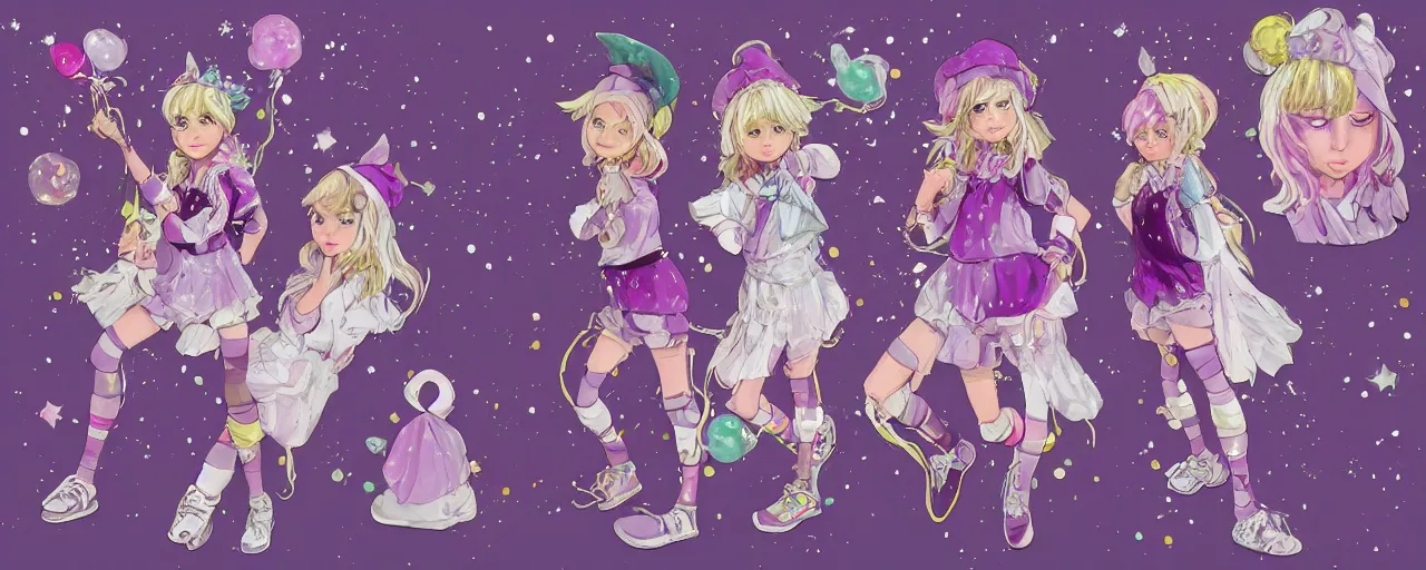 Prompt: A character sheet of a cute magical girl with short blond hair and freckles wearing an oversized purple Beret, Purple overall shorts, Short Puffy pants made of silk, pointy jester shoes, a big scarf, and white leggings. Rainbow accessories all over. Covered in stars. Short Hair. By Seb McKinnon. By WLOP. By Artgerm. By william-adolphe bouguereau. Jean-Baptiste de Champaigne. Decora Fashion. harajuku street fashion. Kawaii Design. Intricate. Highly Detailed. Digital Art. Fantasy. CGSociety. Sunlit. 4K. UHD. HyperMaximalist. Denoise. Hyper realistic.