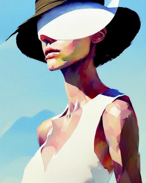 Image similar to a ultradetailed beautiful painting of a stylish woman wearing a white dress with a sun hat, by conrad roset, greg rutkowski and makoto shinkai trending on artstation