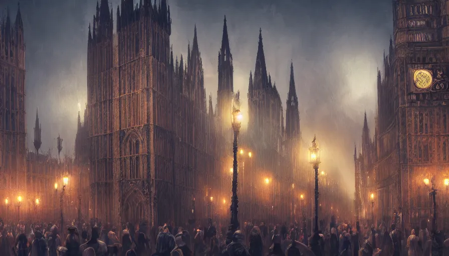 Prompt: neo - gothic london's with crowded place, night, hyperdetailed, artstation, cgsociety, 8 k