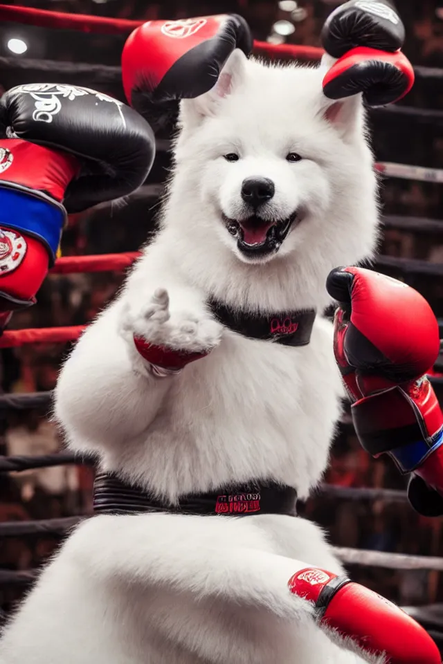 Image similar to samoyed dog head on a human body as a muay thai kickboxer, gloves on hands, Rajadamnern Stadium, world championship fight, photorealistic, cinematic lighting, 4k