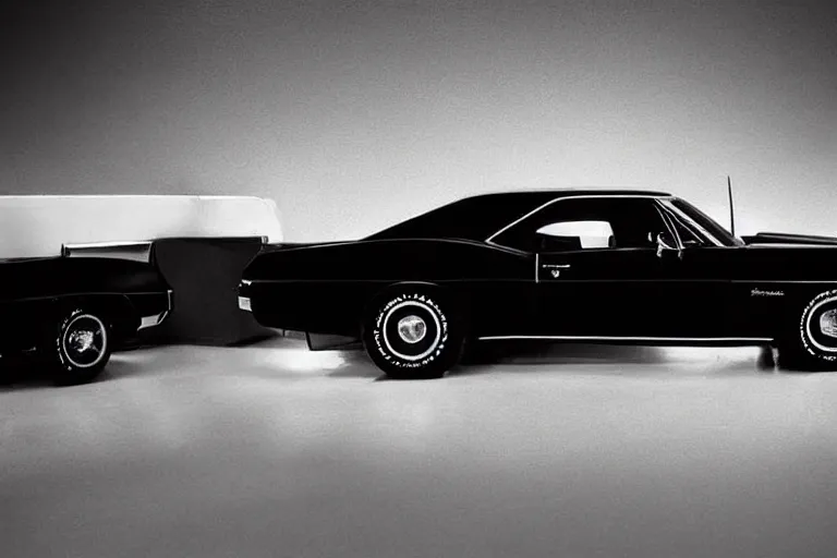 Prompt: designed by john delorean stylized poser of a single ( 1 9 6 7 chevrolet impala ) 2 0 1 3 chevrolet camaro ss! delorean!!, painted glossy black, large led lights, ektachrome photograph, volumetric lighting, f 8 aperture, cinematic eastman 5 3 8 4 film