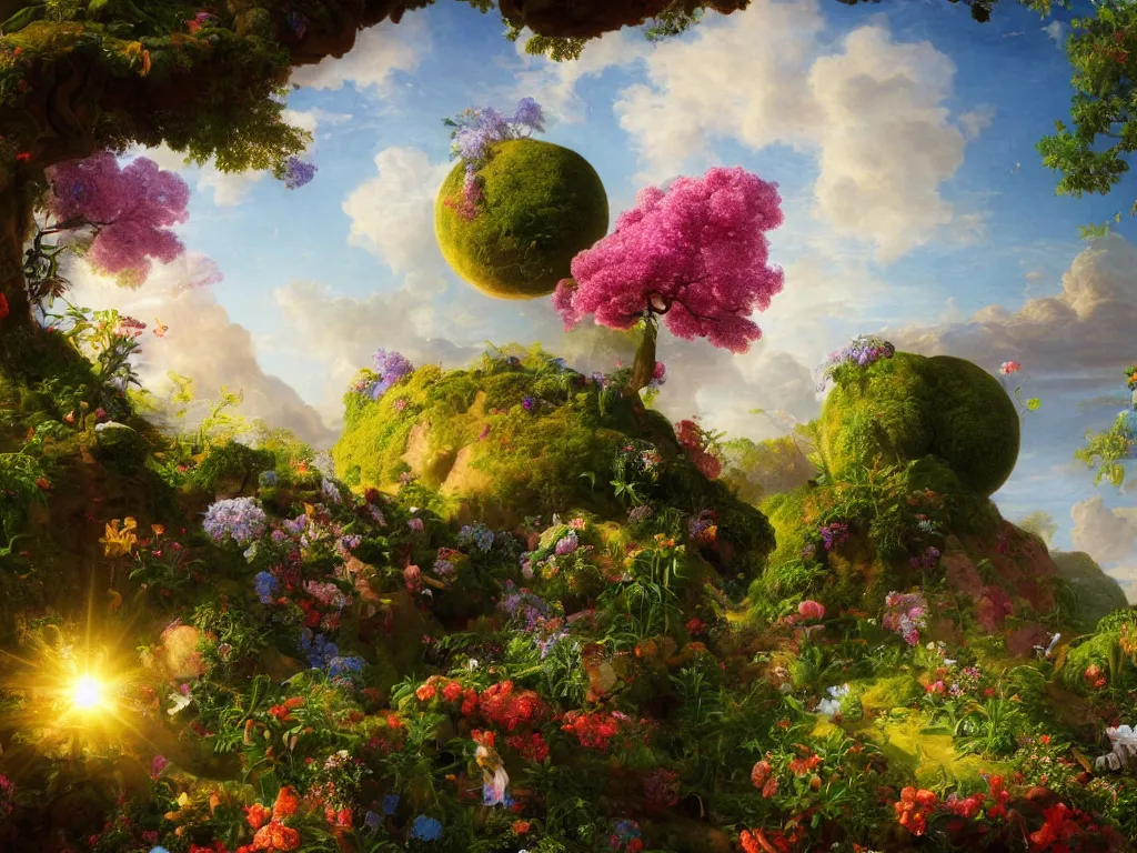 Image similar to the universe is a spheroid region 7 0 5 meters in diameter, sunlight study, art nouveau, 3 d render, by jan davidsz de heem and thomas cole and ( ( ( ( ( lisa frank ) ) ) ) ), kauai springtime, 8 k, extreme detail, sharp focus, octane render