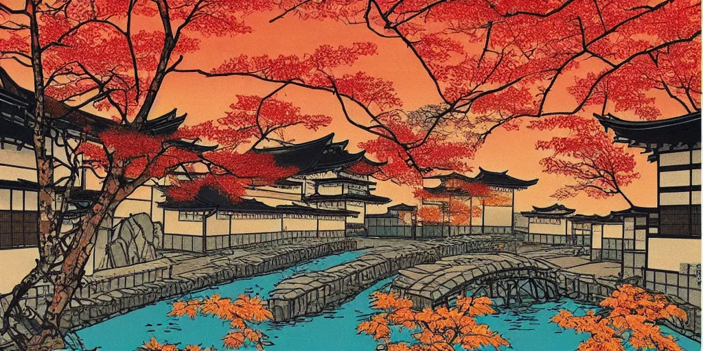 Prompt: 🍁 🌅 ⛩ 🍂. shin - hanga.