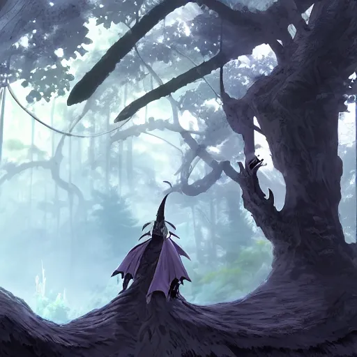 Image similar to concept art painting of an anthropomorphic dragon king with black robes, a long neck, and skull mask, in a deep forest, cel shaded, in the style of makoto shinkai and james gurney and studio ghibli and moebius