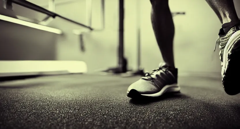 Image similar to close up on old running shoes running on a treadmill. cinematic lighting. moody. sci fi. concept art illustration. subdued tones.