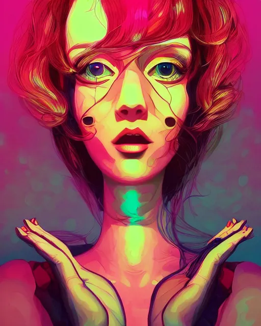 Image similar to lsd, acid trip, a beautiful woman, dramatic lighting, by ilya kuvshinov, lois van baarle, digital painting, ultra detailed colorful intricate repeating geometric fractals in the background by moebius, beeple, 4 k, artstation