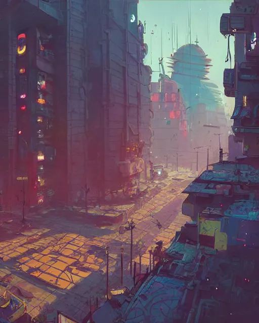 Image similar to painting of old ruined cyberpunk kiev, ukraine, detailed, by simon stalenhag, cory loftis, james gilleard, atey ghailan, makoto shinkai, goro fujita, studio ghibli, rim light, exquisite lighting, clear focus, very coherent, plain background, soft painting