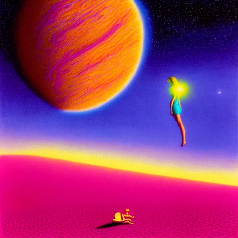 Image similar to mysterious cosmic girl hovering over shimmering desert, infinite astral waves, synthwave, bright neon colors, highly detailed, cinematic, wide angle, tim white, michael whelan, roger dean, bob eggleton, lisa frank, vladimir kush, kubrick, kimura, isono