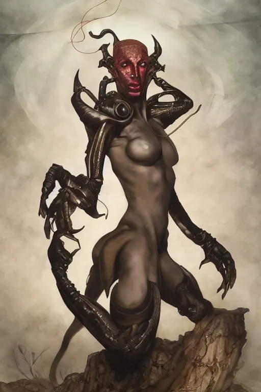 Image similar to a fashion editorial of a shaved black tiefling alien with scaled skin meditating. she is wearing a tactical suit and has many body modifications. by tom bagshaw, donato giancola, hans holbein, walton ford, gaston bussiere, brian froud, peter mohrbacher and magali villeneuve. 8 k, fashion editorial, cgsociety