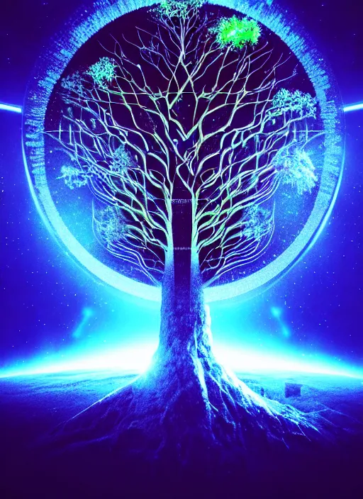 Image similar to high depth, collective civilization tree, calm, healing, resting, life, hybrids, scifi, glowing lights, published concept art, mixed medias, image overlays, sharp focus, winning illustration, eyes reflecting into eyes into infinity, singularity!!!, 3 6 0 projection, art in the style of all