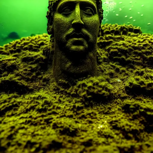 Image similar to Ruins, Nicolas Cage underwater mossy old statue, ruins, photo, dark, kelp and moss all over, bottom of ocean, deep ocean, bottom of ocean, dark, 35mm, fish, underwater landscape, 4k, detailed, photorealistic, photo, Atlantis, underwater camera, fish, fish, fish