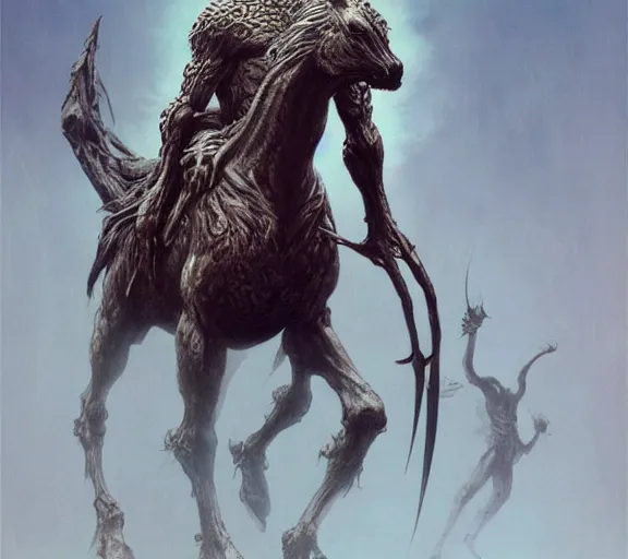 Image similar to centaur concept, full body concept, beksinski, wayne barlowe, adrian smith fantasy art, the hobbit art, lord of the ring art, the witcher concept art, trending on artstation, game of throne art