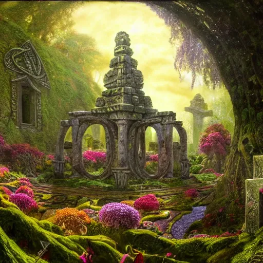 Image similar to a beautiful and highly detailed matte painting of a lost celtic temple in a magical fantasy garden, colorful flowers, psychedelic patterns, epic scale, insanely complex, hyperdetailed, sharp focus, hyperrealism, artstation, cgsociety, 8 k, bright colors, by caspar friedrich, albert bierstadt, james gurney, brian froud,
