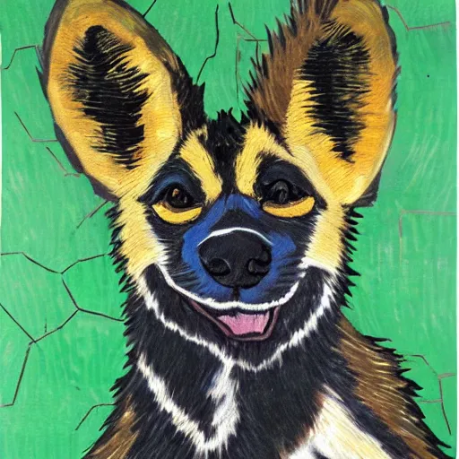 Image similar to african wild dog fursuit head in the style of van gogh