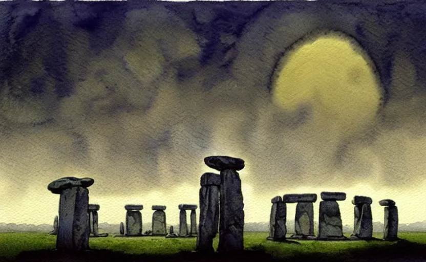 Image similar to a hyperrealist watercolour character concept art portrait of one small grey medieval monk pointing up in the air in front of a floating portal above a complete stonehenge monument on a misty night. a ufo is in the sky. by rebecca guay, michael kaluta, charles vess and jean moebius giraud