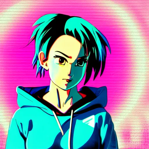 Image similar to bulma in hoodie, portrait, vaporwave, synthwave, neon, vector graphics, cinematic, volumetric lighting, f 8 aperture, cinematic eastman 5 3 8 4 film, photorealistic