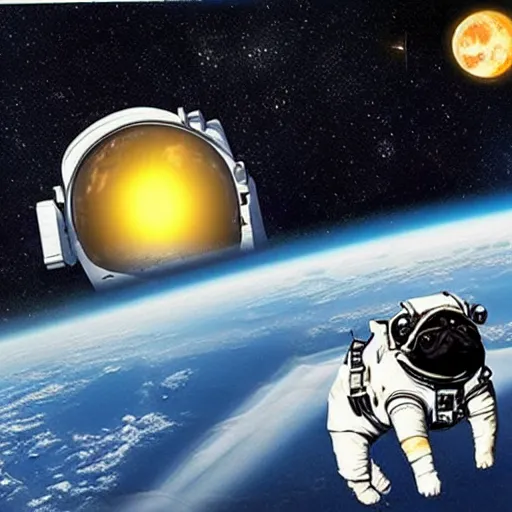 Image similar to hyper realistic, highly detailed, astronaut pug in space. solar eclipse in back.