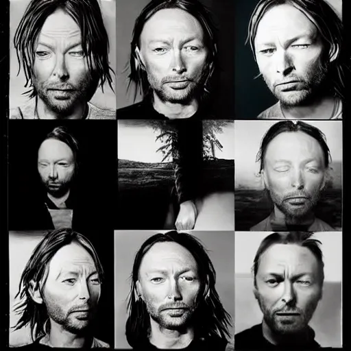 Image similar to photograph of prints of random thom yorke pictures on a table, hyper realistic, many very random variations of thom yorke, various emotions, various poses, high quality photographs, mixed styles, intricate details, diverse