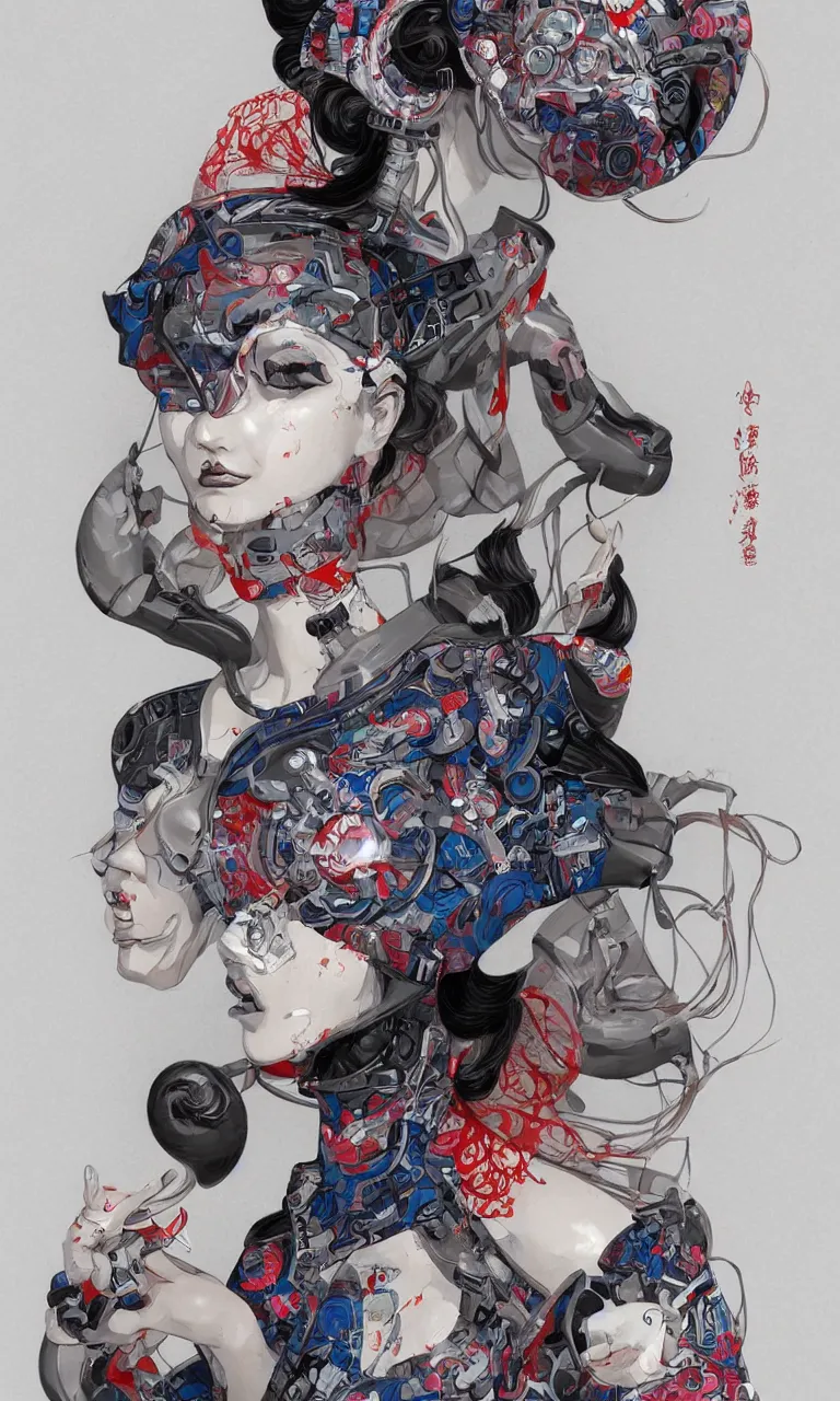 Image similar to a beautiful portrait of a cybernetic geisha by James Jean trending on Artstation