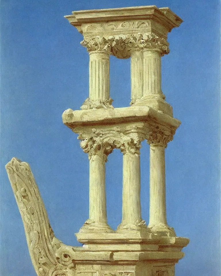 Image similar to achingly beautiful painting of intricate ancient roman corinthian capital on a baby blue background by rene magritte, monet, and turner.