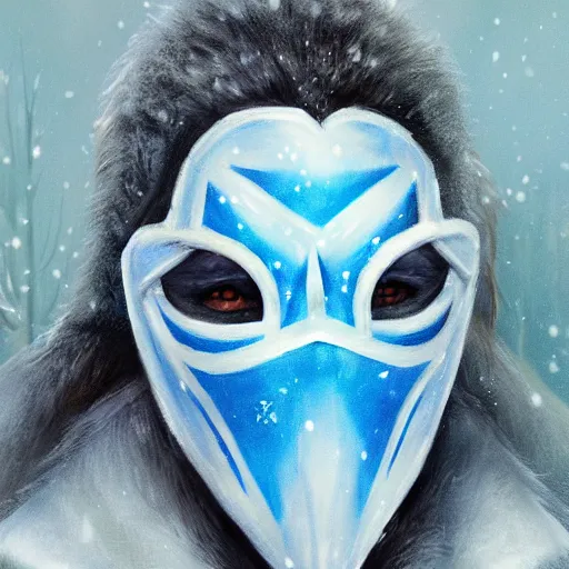 Image similar to fantasy snow bandit ‘ icewind dale ’ with mask, blue palette, snow scene, ‘ icewind dale 2 ’ profile portrait by ‘ justin sweet ’, falling snow, soft focus, illustrated, oil paint