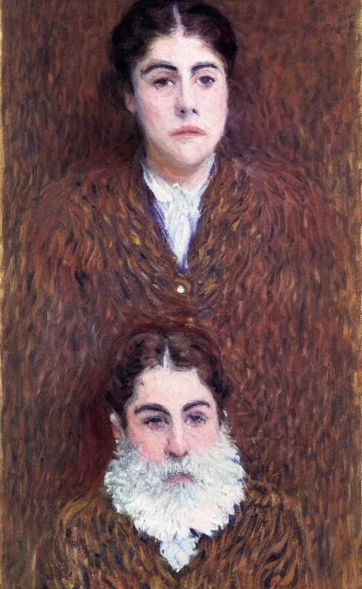 Image similar to claude monet! portrait, lady!! looking at us! brown fuzzy hair!