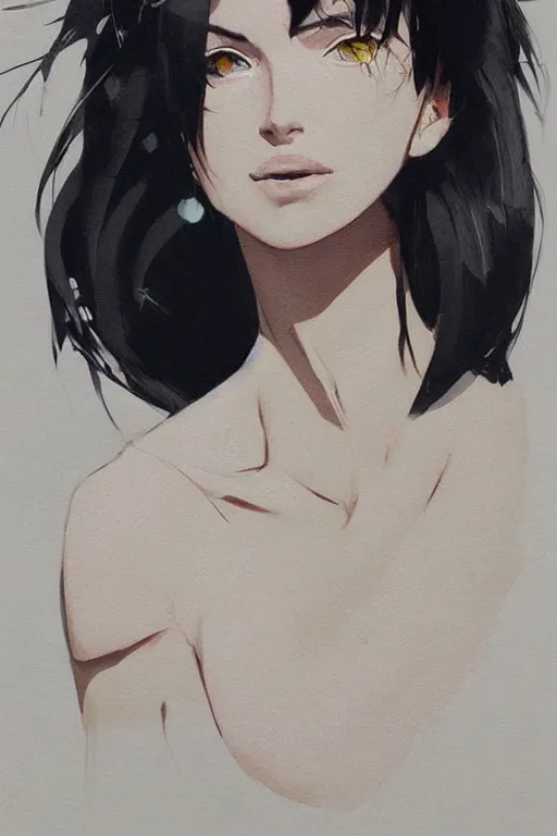 Image similar to a ultradetailed beautiful painting of a stylish woman with a white tank top, she has short black hair with bangs, by conrad roset, greg rutkowski and makoto shinkai trending on artstation