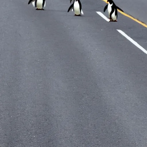 Prompt: penguins in dresses walking across the road