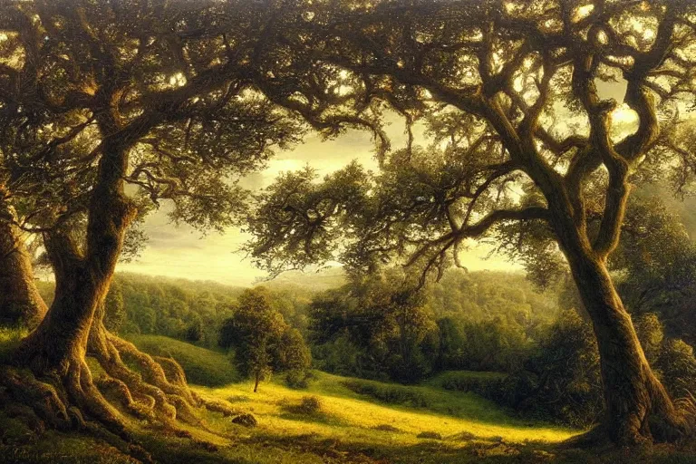 Image similar to masterpiece painting of oak trees on a hillside overlooking a creek, dramatic lighting, by james gurney