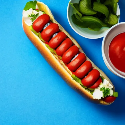 Prompt: close up studio photograph of a hotdog on blue background, f/1.4, high quality photograph, trending