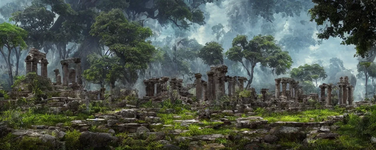 Image similar to ” otherwordly landscape with temple ruins covered by vegetation, [ cinematic, detailed, epic, widescreen, opening, establishing, mattepainting, photorealistic, realistic textures, octane render ] ”