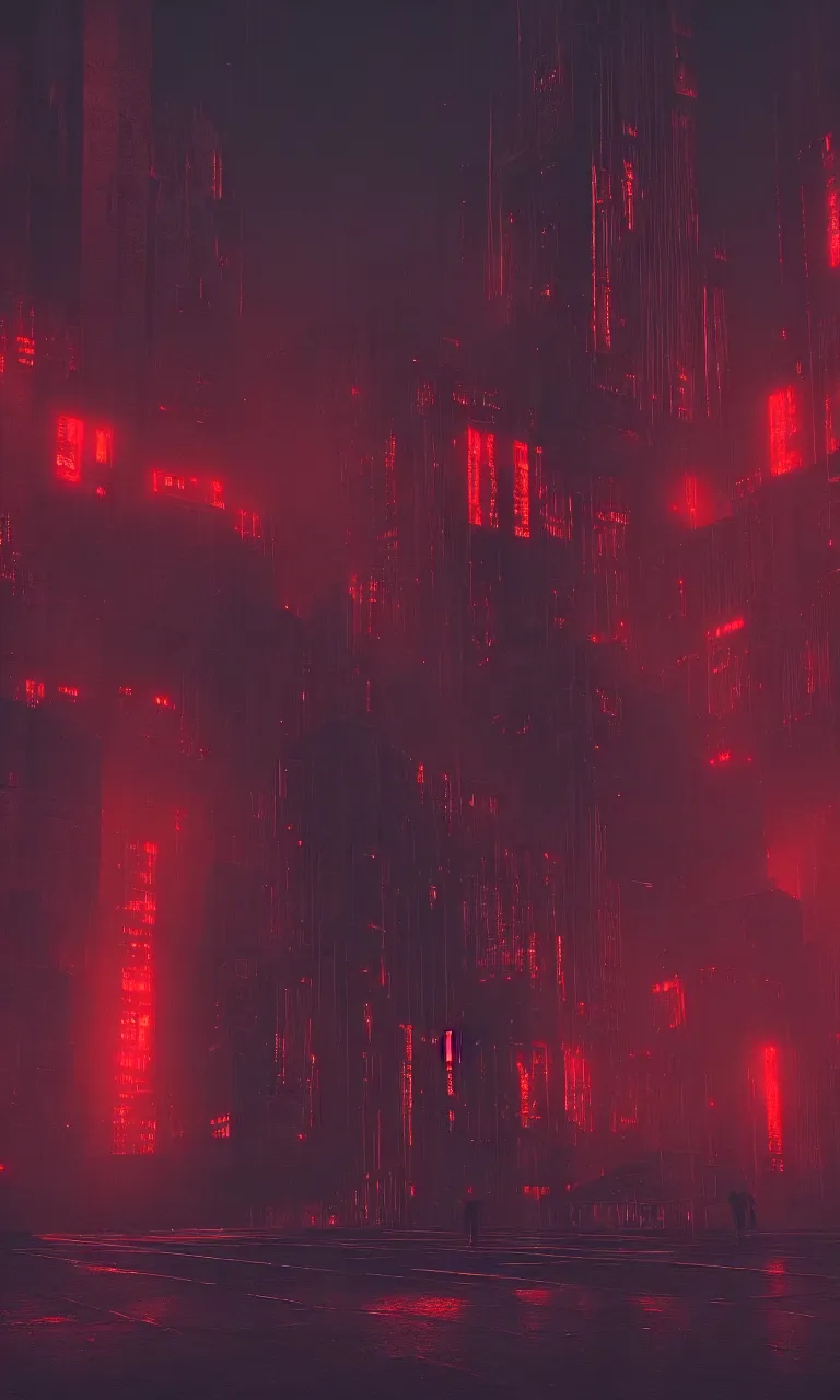 Image similar to Matte painting of dark brutalist cyberpunk cathedral with red neon signs, abandoned streets, cityscape, dark sky, hyper realism, fog, 8k, trending on artstation