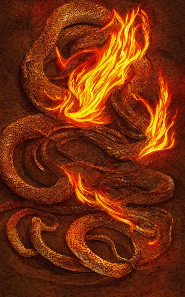 Prompt: a snake wrapped around a flaming sword, digital art.