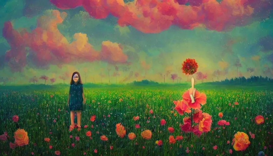 Image similar to girl with a giant flower as a face, surreal photography, dream, standing in flower field, hills, big trees, sunrise dramatic light, impressionist painting, colorful clouds, digital painting, pointillism, artstation, simon stalenhag, flower face