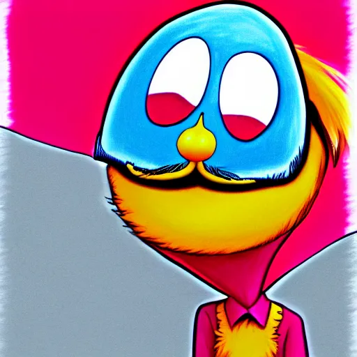 Prompt: dr. eggman standing over the lorax, the lorax is making a longing face, blushing, digital drawing, dark outlines