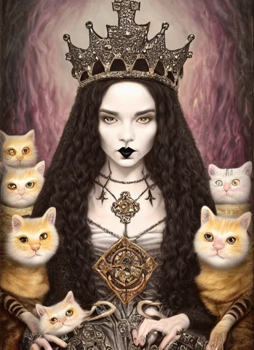 Image similar to highly detailed closeup portrait of a goth medieval queen wearing a crown and sitting on a throne, surrounded by cute cats, unreal engine, nicoletta ceccoli, mark ryden, earl norem, lostfish, global illumination, god rays, detailed and intricate environment