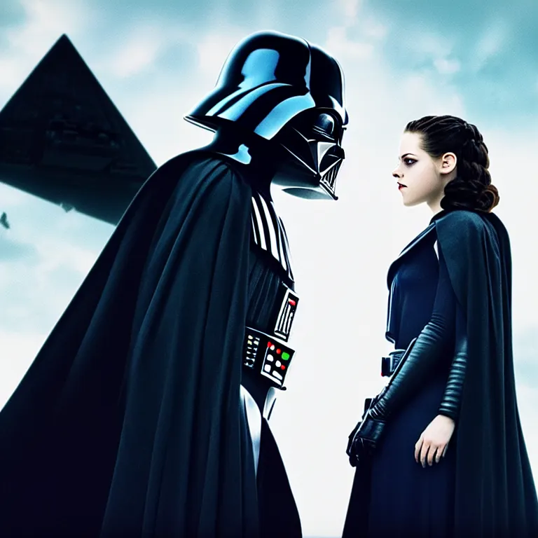 Prompt: darth vader and kristen stewart staying close together in front of, on the background star destroyer, romantic poster for the twillight movie high quality photorealistic